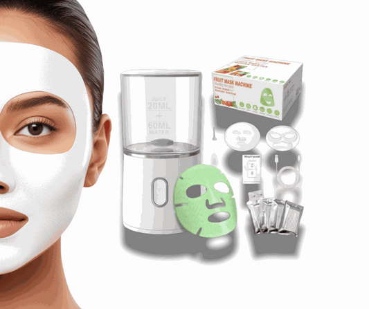 Elynoura™ GlowMask Pro automatic DIY facial mask maker with kit including mask plate, silicone plate, knife, collagen box, and charging cable next to a woman wearing a white facial mask.