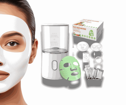 Elynoura™ GlowMask Pro automatic DIY facial mask maker with kit including mask plate, silicone plate, knife, collagen box, and charging cable next to a woman wearing a white facial mask.